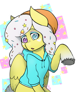 A stylized half body, full rendered with hatch shading, pastel pegasus pony, with candy, sprinkles and stars in her mane.