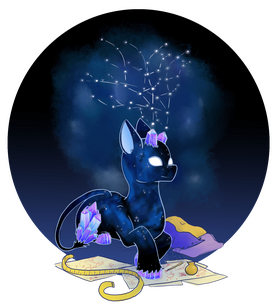 A stylized full body, fully rendered with hatch shading, of a fantasy deer with a starry sky as their coat and gem antlers, hooves and tail. They are surrounded with paper, fabrics and other props indicating they are a seamster.