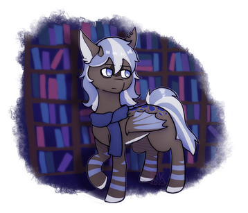 A stylized full body, full rendered with hatch shading, bat pony, with a stylized book case in the background.