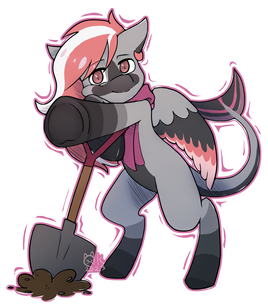 A stylized full body, full rendered with hatch shading, pony with a shark tail and pegasus wings, leaning on a shovel dug into the ground.