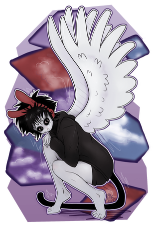 Fully rendered/shaded full body of a humanoid crouching. He has gray skin, cat-like eyes, a black tail, and large white wing spread from his back. The background is an abstract mosaic of cloudy skies.