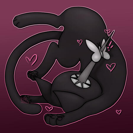 Fully rendered/shaded full body of a black monster cat falling over backwards. He has no eyes and a circular, sharp toothed mouth, with a sharp tongue shooting out to stab a white butterfly. He is surrounded in pink hearts.