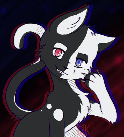 a half body, hatch shaded, black and white cat with red and blue eyes. The background is abstract red, blue and black.