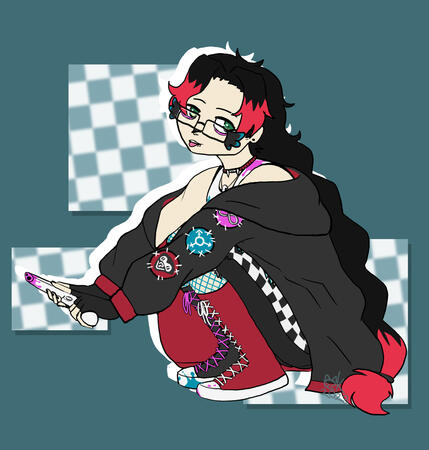 Fullbody, flat color with no shading of an emo/alternative character with a long braid, glasses and an oversized hoodie, crouching and holding a ray gun. the background is cyan with squares of white and cyan checkerboard.