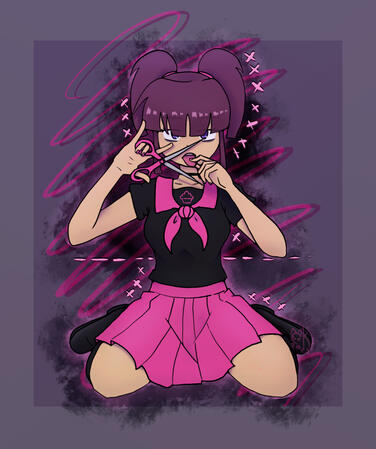 Fully rendered/shaded full body of a girl sitting, holding her tongue in one hand and scissor in the other as if she is about to cut it. The background is abstract pink, purple, and black.