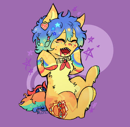 Full body image of a pony with sharp teeth. The lines are sketchy but clean with no visible construction lines, and hatch shading. The background is purple with circles and stars.