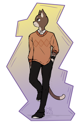 Full body image of a furry that is proportionally human, with the head, fur and tail of a cat, wearing clothing. The lines are sketchy but clean with no visible construction lines, and hatch shading. The background is an abstract shape.
