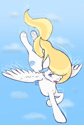Full body image of a pegasus pony mid flight. The lines are sketchy but clean with no visible construction lines, and hatch shading. The background is a blue sky with blurry clouds in the distance.