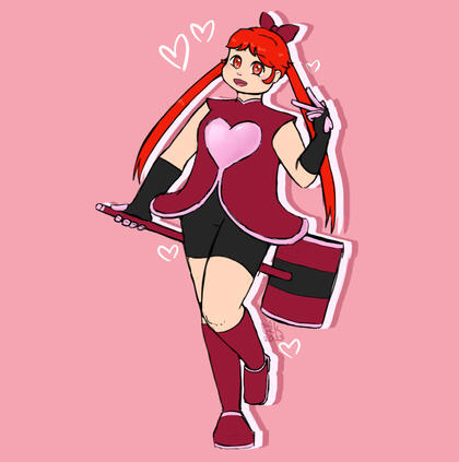 Full body image of a magical girl with an oversized hammer as a weapon. The lines are sketchy but clean with no visible construction lines, and hatch shading. The background is pink with white hearts and a white drop shadow.